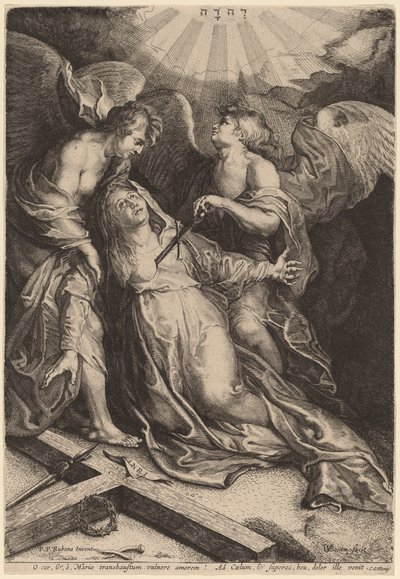 Mater Dolorosa polvillaan, tukena kaksi enkeliä tekijältä Willem van der Leeuw after Sir Peter Paul Rubens