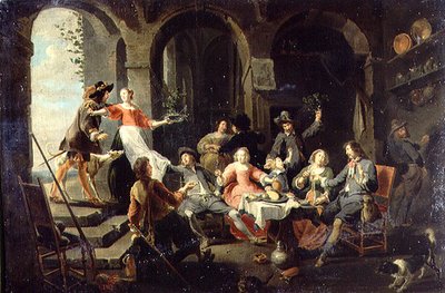 Tyylikäs yritys iloitsee sisätiloissa palvelijoiden läsnä ollessa tekijältä Willem van the Elder Herp