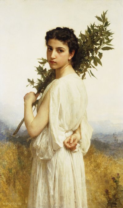 Nymfi, jolla on laakerinoksa, 1900 tekijältä William Adolphe Bouguereau