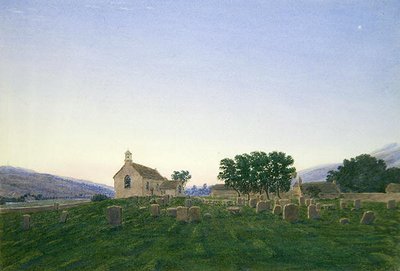 Aamunkoitto, Kirk Newtonin kirkko, Northumberland (vesiväri ja vartaloväri paperille) tekijältä Joseph Mallord William Turner