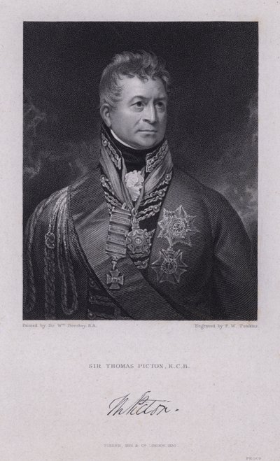 Sir Thomas Picton, walesilainen kenraali Napoleonin sodista, kuoli Waterloon taistelussa (kaiverrus) tekijältä William (after) Beechey