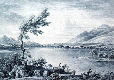 Näkymä Derwentwaterista Vicars Islandilta Skiddawiin päin, Chatelinin ja Grignionin kaiverrus (kaiverrus) tekijältä William (after) Bellers
