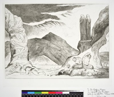 Väärentäjien ympyrä: Dante ja Virgil peittävät nenänsä hajun takia, Inferno, Canto XXIX, kuvitus Dante Alighierin jumalallisesta komediasta tekijältä William (after) Blake