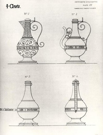Cruets, kuvitus "Instrumenta Ecclesiastica", Series One, levy 56, kaiverrus Thomas Turnbull, julkaistu 1846 (litho) (m/v kuva) tekijältä William (after) Butterfield