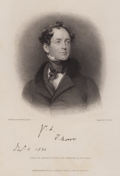 Thomas Moore, irlantilainen runoilija ja Lord Byronin elämäkerta (kaiverrus) tekijältä William (after) Finden
