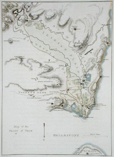 Troijan tasangon kartta teoksesta "Troijan ja sen lähialueen topografia", kaivertanut Thomas Medland (1755-1823), julkaistu 1804 (värinen kaiverrus) tekijältä William (after) Gell