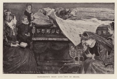 Elisabetin I ruumis asetettiin leposijalle, pub. 1898 (litografia) tekijältä William (after) Hatherell