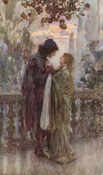 Shakespearen Romeo ja Julia: näytös III, kohtaus V (värilitografia). tekijältä William (after) Hatherell