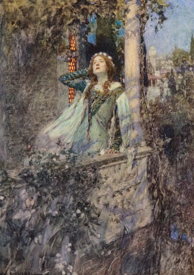 Shakespearen Romeo ja Julia: II näytös, kohtaus II (värilitografia). tekijältä William (after) Hatherell
