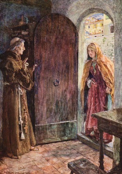 Shakespearen Romeo ja Julia: näytös II, kohtaus VI (värilitografia). tekijältä William (after) Hatherell