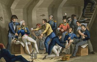 Ohjaamo, Niilin taistelu, jossa näkyy taistelussa haavoittunut Nelson. Kaiverrus Matthew Dubourg (fl.1813-20) pubista Historic, Military and Naval Anekdootit. kirjoittanut Edward Orme (1774-n. 1820) 1817 (akvatinta) tekijältä William (after) Heath