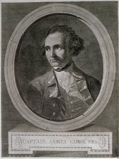 Kapteeni James Cookin (1728-79) muotokuva "Matka maailman ympäri etelänavalle" -elokuvan edestä (kaiverrus) tekijältä William (after) Hodges