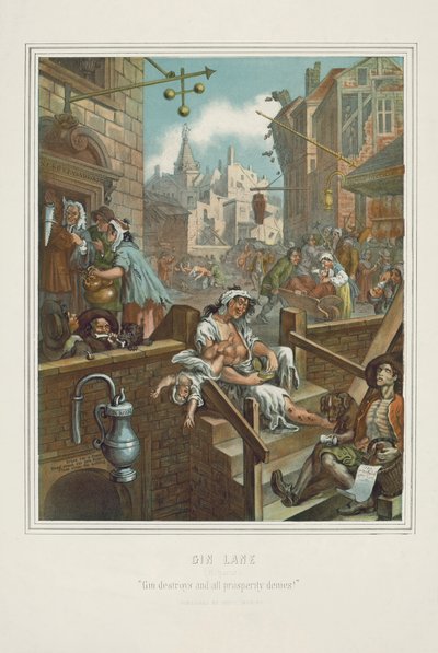 William Hogarthin Gin Lanen kromolitografia (chromolitho) tekijältä William (after) Hogarth