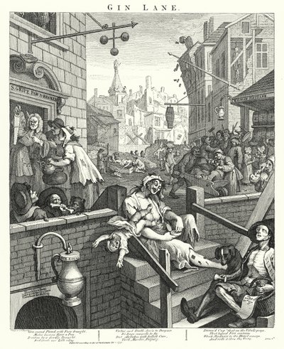 Gin Lane (kaiverrus) tekijältä William (after) Hogarth