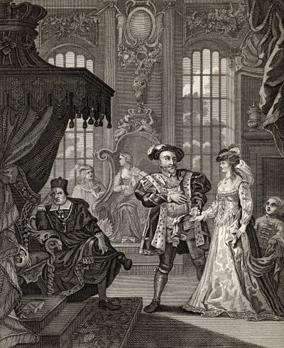 Henrik VIII ja Anne Boleyn, kaiverrettu T. Cooken toimesta, teoksesta "The Works of Hogarth", julkaistu 1833 (litografia). tekijältä William (after) Hogarth