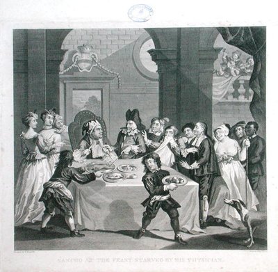 Sancho at the Feast, jota lääkärinsä näki nälkään, kaiverrus Thomas Cook (1744-1818) (kaiverrus) tekijältä William (after) Hogarth