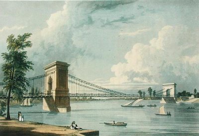 Riippusilta, Hammersmith, Ackermannin teoksesta "Lontoon mikrokosmos", kaiverrus J. Baily tekijältä William (after) Westall