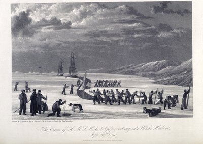 Miehistö H.M.S. Hecla ja Griper leikkaamassa talvisatamaan, 26. syyskuuta 1819, kuva julkaisusta "Journal of a Voyage for the Discovery of Luoteisväylä Atlantilta Tyynellemerelle..." tekijältä William (after) Westall