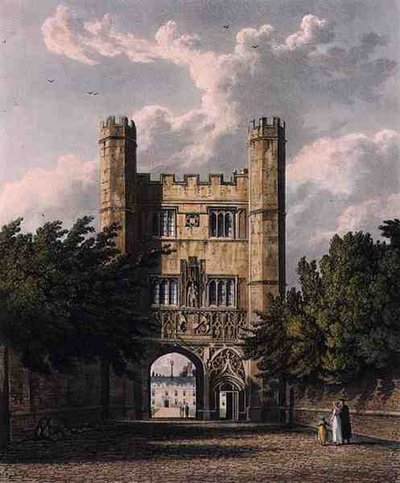 Trinity Gate, Cambridge, teoksesta "The History of Cambridge", kaivertaja Joseph Constantine Stadler (1780-1812), julkaisija R. Ackermann. tekijältä William (after) Westall