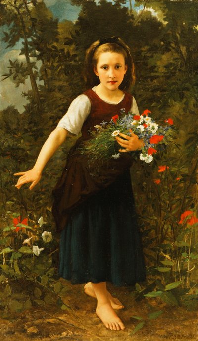 Pikkutyttö puron rannalla, kädessään kukkanippu, 1886 tekijältä William Adolphe Bouguereau