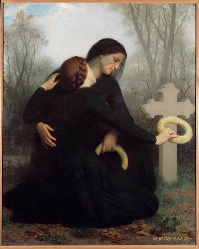 Kuolleiden päivä Äiti ja tytär kuolleen isän ja aviomiehen (?) haudan edessä. William Adolphe Bouguereaun (1825-1905) maalaus Sun. 1,20 x 1,47 m. Bordeaux. Kuvataidemuseo tekijältä William Adolphe Bouguereau