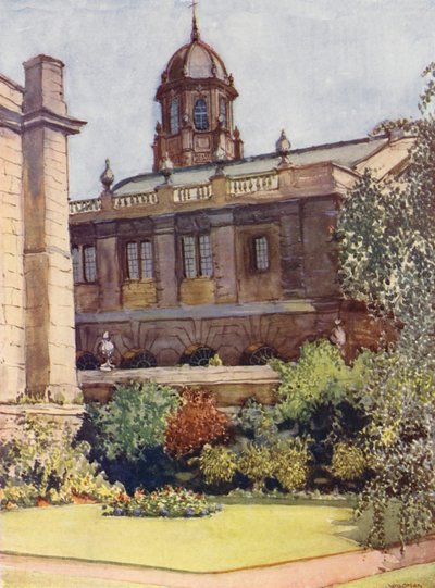 Sheldonian-teatteri ja Bodleian-kirjasto rehtorin puutarhasta, Exeter College (värilitografia). tekijältä William Ainsworth Wildman