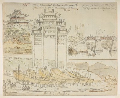 135 Roskakoria rakennetaan lähelle riemukaaria. "Nämä voittokaaret ovat ansioiden tai ansioisten tekojen palkinto. 3 kaaren silta. Laiturit ovat liian pyramidimuotoisia. Suchew [Soochow]. 7. marraskuuta, albumista, jossa on 372 piirustusta maisemista, rann tekijältä William Alexander