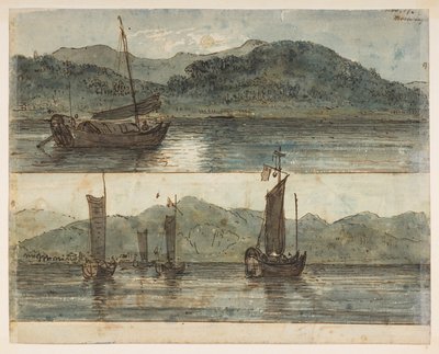146v River kohtaus. "Moonlight 17. marraskuuta."  , albumista, jossa on 372 piirustusta maisemista, rannikoista, pukuista ja arjesta, jotka on tehty Lord Macartneyn Kiinan keisarin suurlähetystön aikana vuosina 1792–1794 (kynä ja akvarelli paperille) tekijältä William Alexander