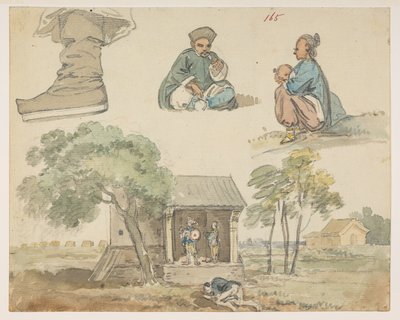 165 Figuuritutkimuksia ja pyhäkkö.  , albumista, jossa on 372 piirustusta maisemista, rannikoista, pukuista ja arjesta, jotka on tehty Lord Macartneyn Kiinan keisarin suurlähetystön aikana vuosina 1792–1794 (kynä ja akvarelli paperille) tekijältä William Alexander