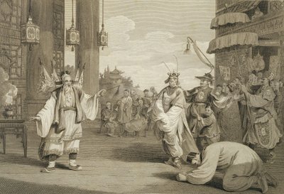 Kohtaus historiallisessa näytelmässä, joka on näytteillä kiinalaisella näyttämöllä, kaiverrettu James Heathin (1757-1834) pubin toimesta. kirjoittanut G. Nicol, 1796 tekijältä William Alexander