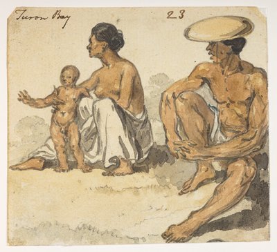 f.4 23 Mies, nainen ja Turon Bayn lapsi.  Albumilta, jossa on 372 piirustusta maisemista, rannikoista, pukuista ja arjesta, jotka on tehty Lord Macartneyn Kiinan keisarin suurlähetystön aikana vuosina 1792–1794 (kynä ja akvarelli paperille) tekijältä William Alexander