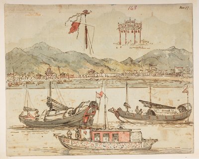 f.59 148 Veneitä ja voittokaareja.  , albumista, jossa on 372 piirustusta maisemista, rannikoista, pukuista ja arjesta, jotka on tehty Lord Macartneyn Kiinan keisarin suurlähetystön aikana vuosina 1792–1794 (kynä ja akvarelli paperille) tekijältä William Alexander