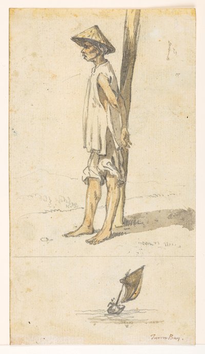 f.5 32v Nuori mies nojaa puuhun;vene. "Turon Bay."  Albumilta, jossa on 372 piirustusta maisemista, rannikoista, pukuista ja arjesta, jotka on tehty Lord Macartneyn Kiinan keisarin suurlähetystön aikana vuosina 1792–1794 (kynä & akvarelli sivulla tekijältä William Alexander