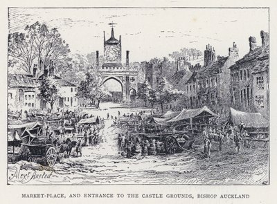 Market-Place ja sisäänkäynti linnan alueelle, piispa Auckland (kaiverrus) tekijältä William Alexander Ansted