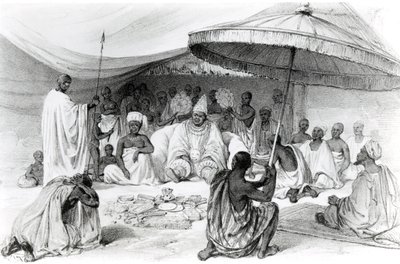 Attah, kirjasta "Picturesque Views on the River Niger, luonnosteltu Landerin viimeisellä vierailulla 1832-33", Charles Haghen litografia, 1840 tekijältä William Allen