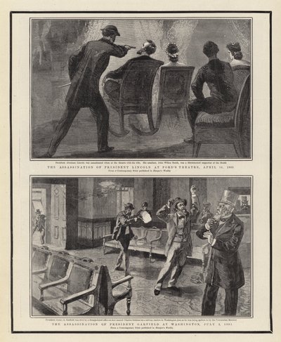 Presidentti Lincolnin salamurha Fordin teatterissa 14. huhtikuuta 1865, presidentti Garfieldin salamurha Washingtonissa 2. heinäkuuta 1881 tekijältä William Allen Rogers