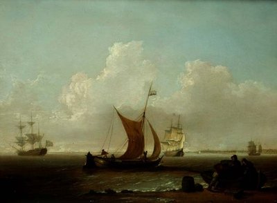 Hollantilainen laivaliikenne Hollannin rannikolla kalastajien lastaamassa rantavenettä tekijältä William Anderson