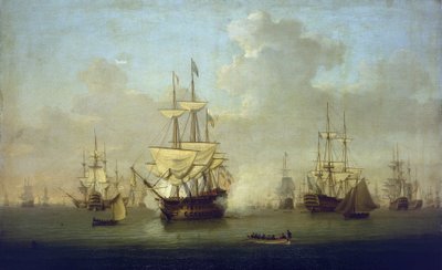 Queen Charlotte, uusi 104-tykkinen sota-alus, Spitheadissa (Englanti) 1790, Ranskan vapaussotien (1793-1802) aattona. tekijältä William Anderson
