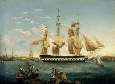 Alus HMS Duncan Mahonissa (Menorcan saarella, Espanjassa). Öljy puulle tekijältä William Anderson