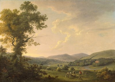 Maisema heinäntekijöiden kanssa ja kaukainen näkymä Yrjöjen aikaiseen taloon, n. 1780 (öljy kankaalle) tekijältä William Ashford