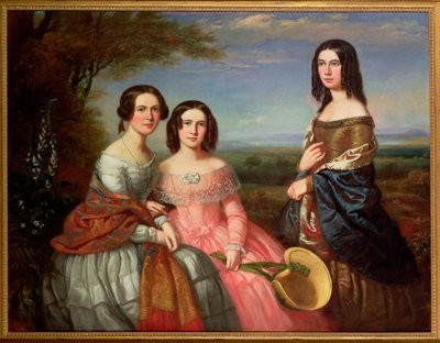 Ryhmämuotokuva kolmesta tytöstä, kolme neljäsosaa, maisemassa, 1849 tekijältä William Baker