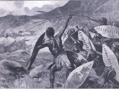 Taistelut Matopos-kukkuloilla: Matabelen panos, kuva Cassells History of Englandista, 1900-luku tekijältä William Barnes Wollen