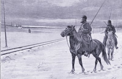 Rautatien vartiointi Mukdenin lähellä, kuvitus teoksesta Cassells History of the Russo-Japanese War Vol. 1, n. 1900. tekijältä William Barnes Wollen
