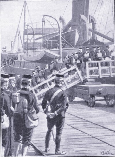 Japanilaiset joukot lähtevät Kobeen, kuva Cassellsin Venäjän ja Japanin sodan historiasta Vol 1, n. 1900 tekijältä William Barnes Wollen