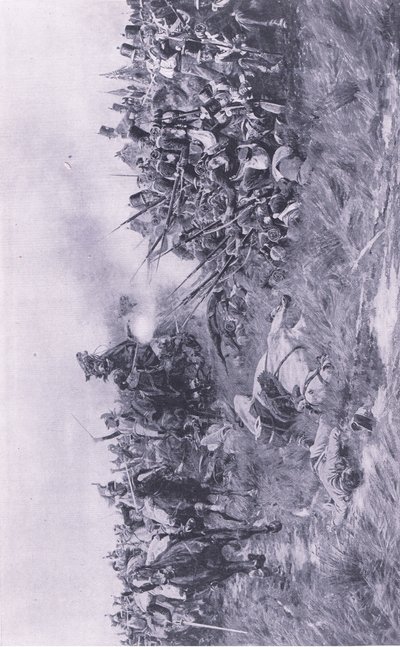 28. Gloucesterin rykmentti vastaanottaa ranskalaisen ratsuväen Waterloossa 18. kesäkuuta 1815, kuva brittiläisistä taisteluista maalla ja merellä, 1915 tekijältä William Barnes Wollen