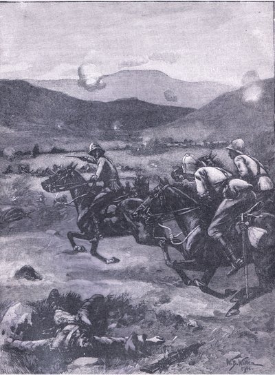 Colenson taistelu: Luutnantti Roberts laukkaa saadakseen katastrofin aseisiin., kuva Cassells History of Englandista, 1900-luku tekijältä William Barnes Wollen