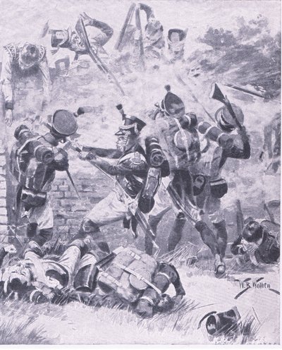 Hyökkäys muuriin Hougomontissa: Waterloo 1815, kuvitus brittiläisistä taisteluista maalla ja merellä, 1915 tekijältä William Barnes Wollen
