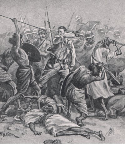 Abu-Klean aukio, 17. tammikuuta 1885, kuva brittiläisistä taisteluista maalla ja merellä, 1915 tekijältä William Barnes Wollen