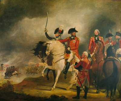 Kuningas Yrjö III tarkastamassa Walesin prinssin kevyttä rakuunarykmenttiä seuranaan Walesin prinssi, Yorkin herttua ja muita kenraaliupseereita tekijältä William Beechey