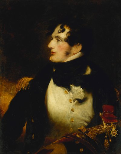 Puolipitkä merivoimien upseerin muotokuva univormussa, esittelymiekka kantamassa ja C.B:n arvomerkkiä, tekijältä William Beechey